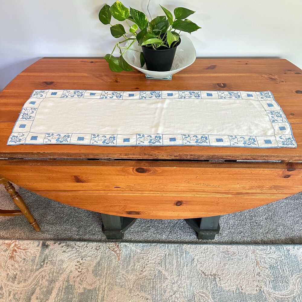 Vtg Hand Embroidered Linen Table Runner Blue Floral Cross Stitch Dresser Scarf